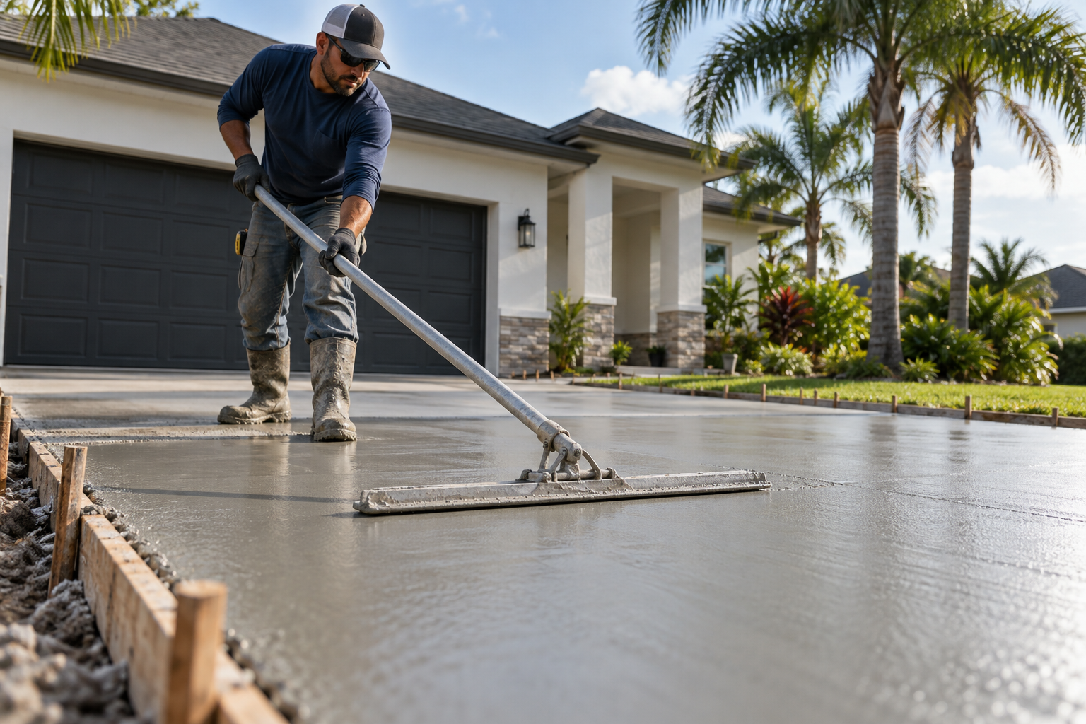 Illustration of a concrete worker finishing a newly poured residential driveway